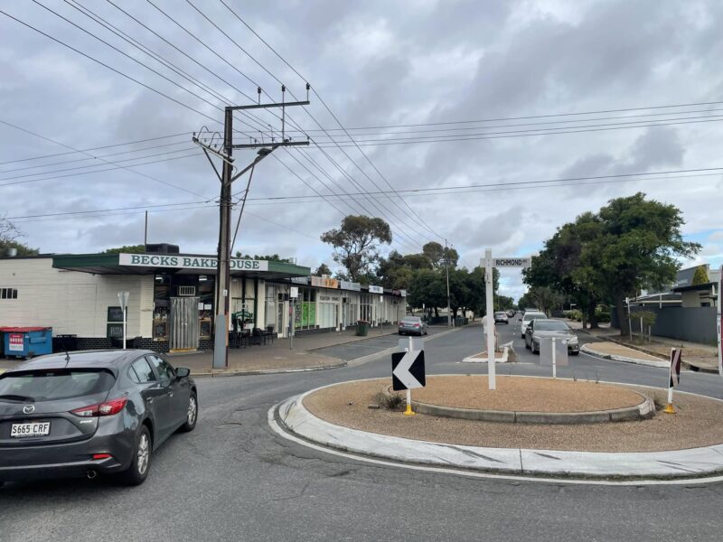 Current view of the corner of Winston Avenue and Richmond Avenue. Minimal shade areas, public seating and crossing points. 